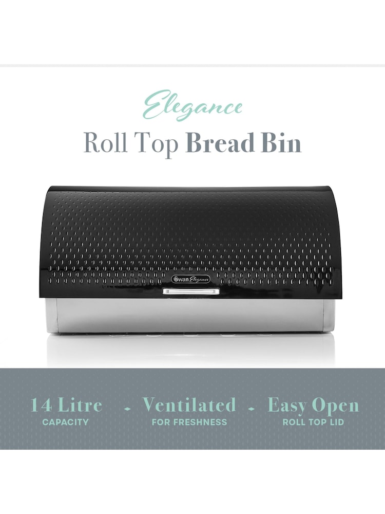 Swan Black Bread Bin with Roll Top Design and Ventilation - Image 2 of 11