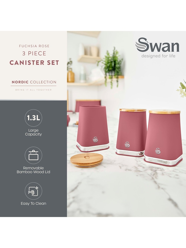 Swan Set of 3 Fuchsia Rose Kitchen Storage Canisters with Non Slip Bases - Image 2 of 5