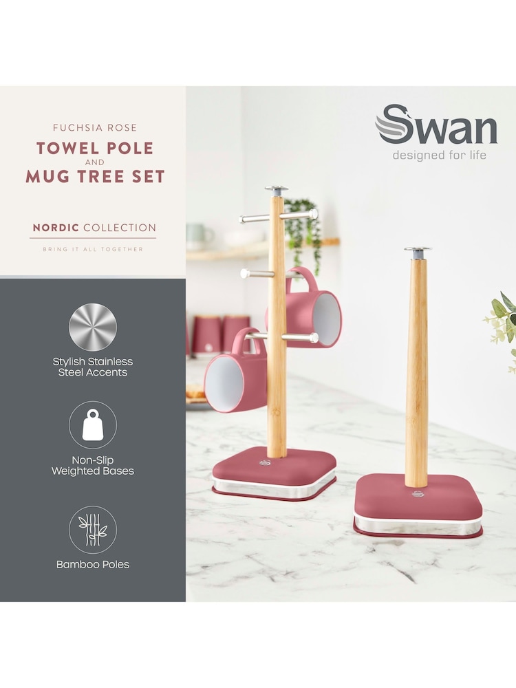 Swan Fuchsia Rose Towel Pole and 6 Cup Mug Tree Set - Image 2 of 9