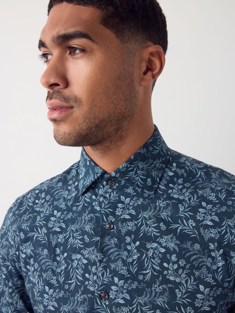 Navy Floral Print Printed Long Sleeve Shirt - Image 1 of 8