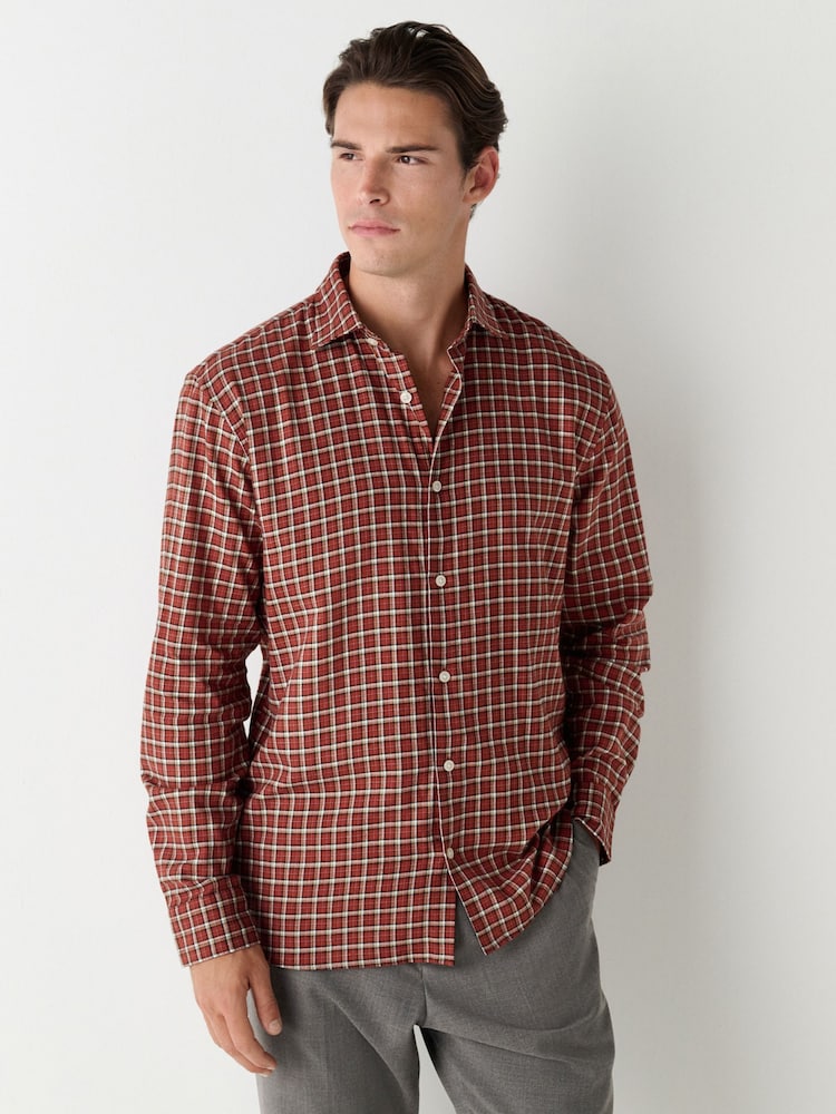 Rust Orange Grid Check Brushed Flannel Shirt - Image 1 of 8