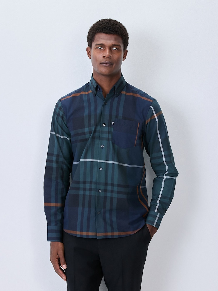 Navy/Ecru Tartan Regular Fit Easy Iron Button Down Oxford Shirt - Image 1 of 7