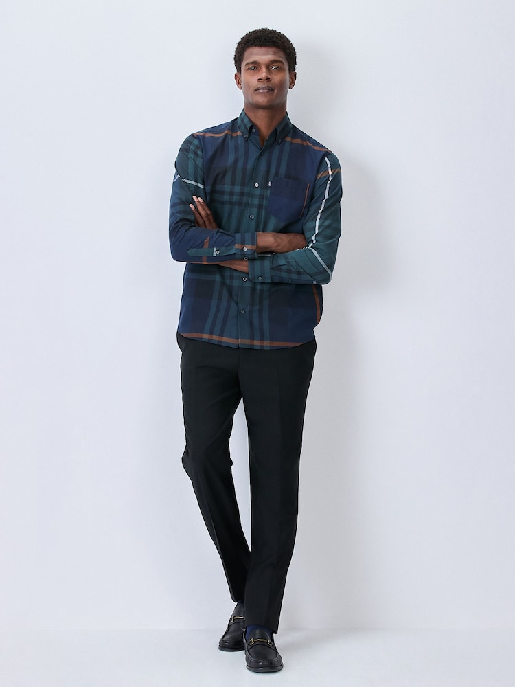 Navy/Ecru Tartan Regular Fit Easy Iron Button Down Oxford Shirt - Image 2 of 7