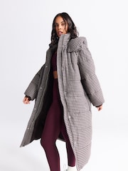 Chocolate Brown Long Padded Check Coat - Image 1 of 9