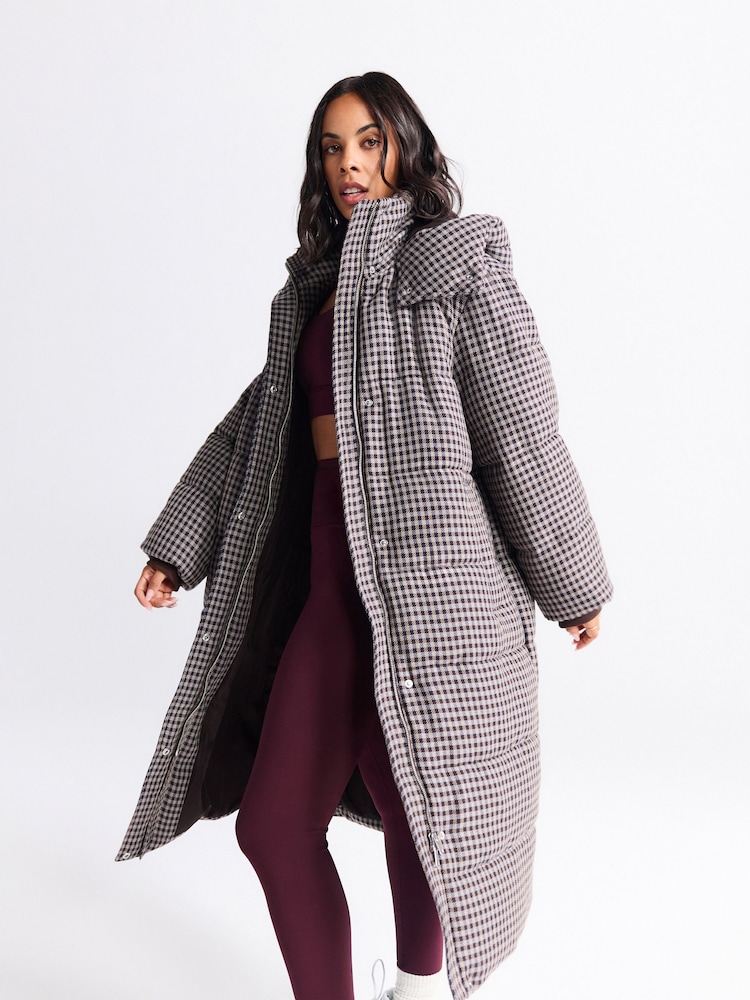 Chocolate Brown Long Padded Check Coat - Image 1 of 9