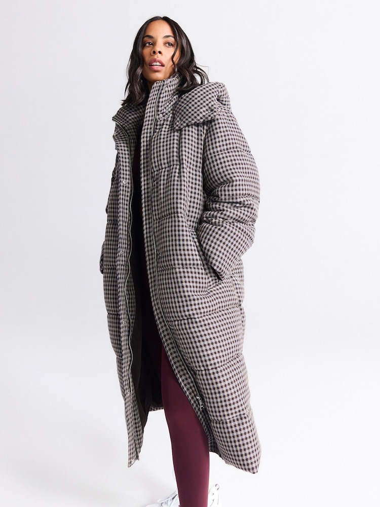 Chocolate Brown Long Padded Check Coat - Image 2 of 9