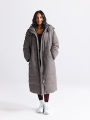 Chocolate Brown Long Padded Check Coat - Image 3 of 9
