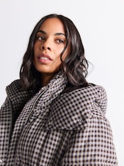 Chocolate Brown Long Padded Check Coat - Image 5 of 9