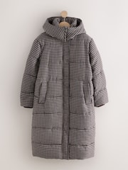 Chocolate Brown Long Padded Check Coat - Image 7 of 9