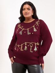 Lipsy Burgundy Red Petite Christmas Crew Neck Knitted Jumper - Image 1 of 4