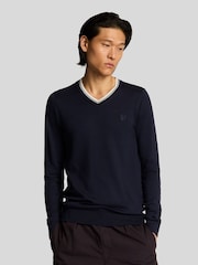 Lyle & Scott Blue 100% Cotton Tipped V-Neck Jumper - Image 1 of 5