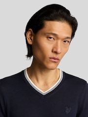 Lyle & Scott Blue 100% Cotton Tipped V-Neck Jumper - Image 4 of 5