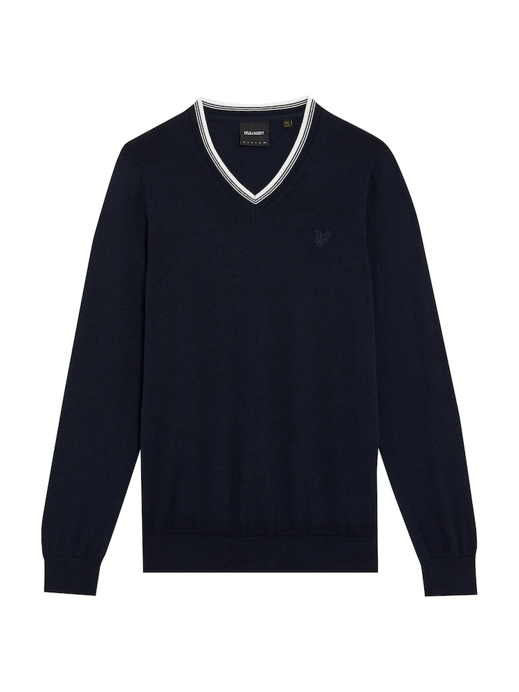 Lyle & Scott Blue 100% Cotton Tipped V-Neck Jumper - Image 5 of 5