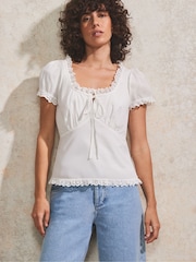Ro&Zo White 100% Cotton Empire Seam Lace Trim Top - Image 1 of 4