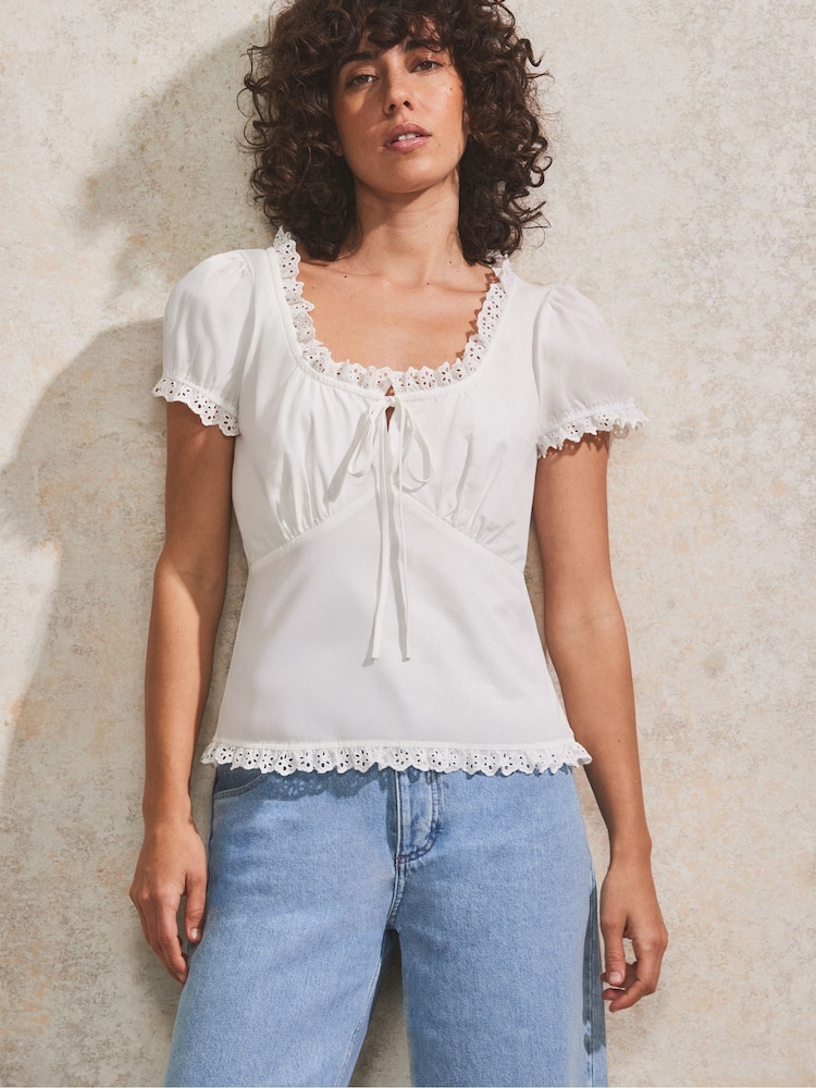 Ro&Zo White 100% Cotton Empire Seam Lace Trim Top - Image 1 of 4