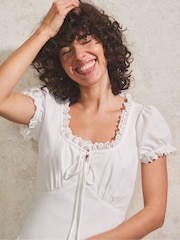 Ro&Zo White 100% Cotton Empire Seam Lace Trim Top - Image 2 of 4