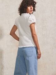 Ro&Zo White 100% Cotton Empire Seam Lace Trim Top - Image 4 of 4