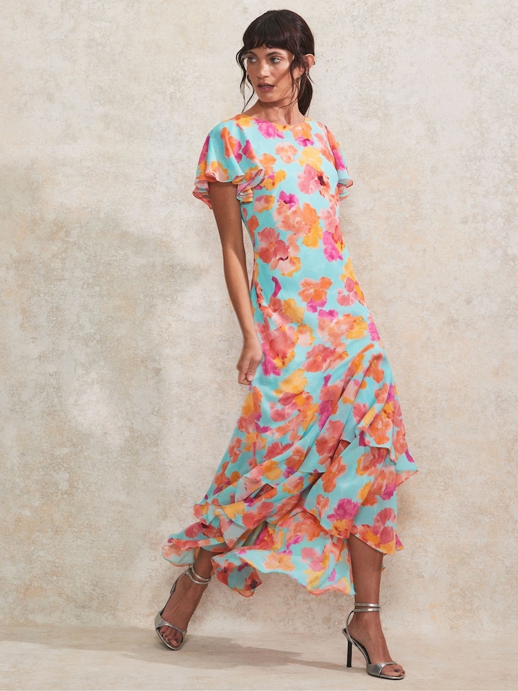 Ro&Zo Blue Blurred Floral Frill Sleeve Dress - Image 1 of 5
