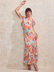 Ro&Zo Blue Blurred Floral Frill Sleeve Dress - Image 2 of 5