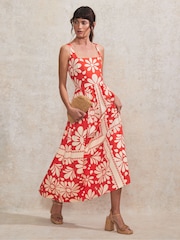 Ro&Zo Red Raya Placement Square Neck Cotton Dress - Image 1 of 5