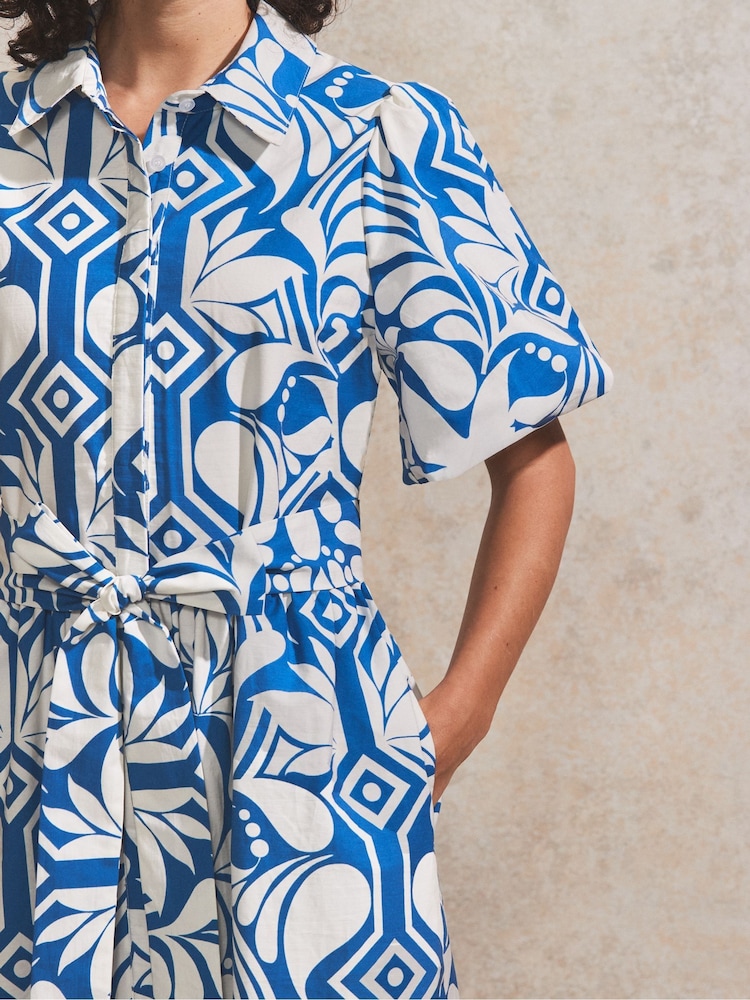 Ro&Zo Blue Tile Printed 100% Cotton Shirt Dress - Image 2 of 4 Ro&Zo Blue Tile Printed 100% Cotton Shirt Dress - Image 2 of 4