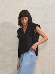 Ro&Zo Black 100% Cotton Frill Sleeve Top - Image 2 of 4