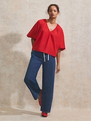 Ro&Zo Red 100% Cotton Puff Sleeve V-Neck Top - Image 1 of 5