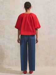 Ro&Zo Red 100% Cotton Puff Sleeve V-Neck Top - Image 2 of 5