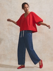 Ro&Zo Red 100% Cotton Puff Sleeve V-Neck Top - Image 3 of 5