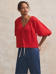 Ro&Zo Red 100% Cotton Puff Sleeve V-Neck Top - Image 4 of 5