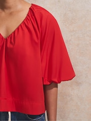 Ro&Zo Red 100% Cotton Puff Sleeve V-Neck Top - Image 5 of 5