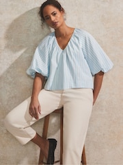 Ro&Zo Blue 100% Cotton Stripe Puff Sleeve V-Neck Top - Image 1 of 4
