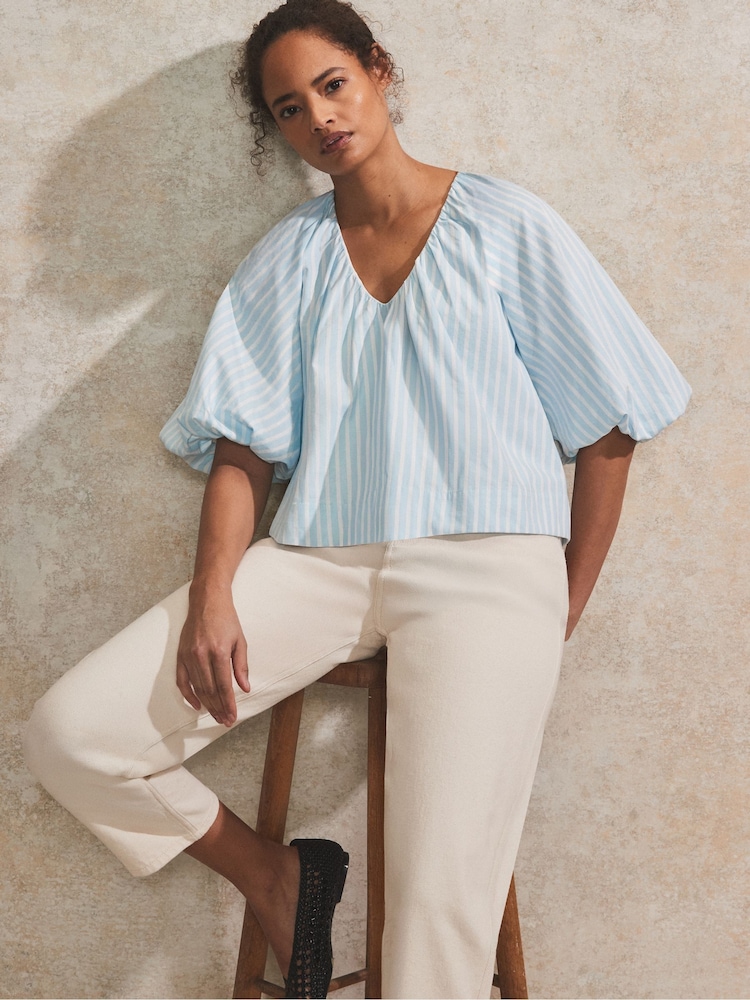 Ro&Zo Blue 100% Cotton Stripe Puff Sleeve V-Neck Top - Image 1 of 4