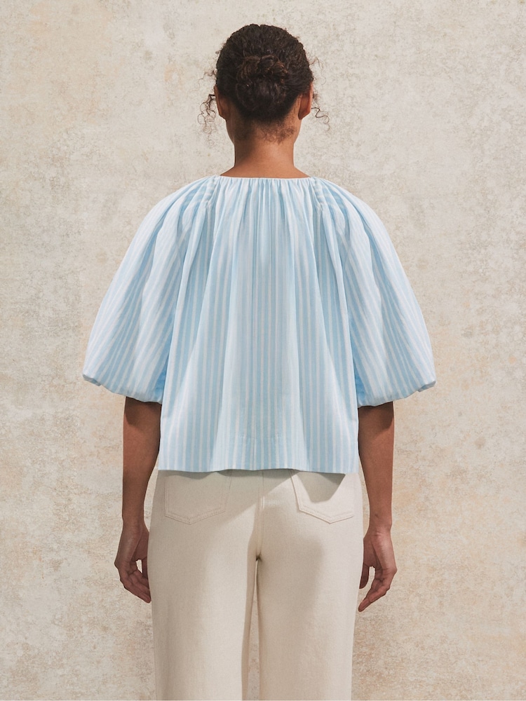 Ro&Zo Blue 100% Cotton Stripe Puff Sleeve V-Neck Top - Image 2 of 4