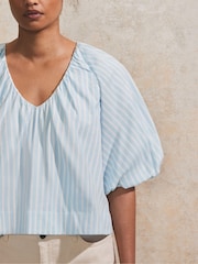 Ro&Zo Blue 100% Cotton Stripe Puff Sleeve V-Neck Top - Image 3 of 4