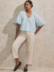 Ro&Zo Blue 100% Cotton Stripe Puff Sleeve V-Neck Top - Image 4 of 4