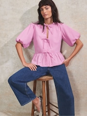 Ro&Zo Pink 100% Cotton Tie Front Top - Image 1 of 4
