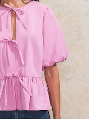 Ro&Zo Pink 100% Cotton Tie Front Top - Image 3 of 4