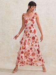 Ro&Zo Pink Poppy Printed Frill Neck Dress - Image 1 of 4