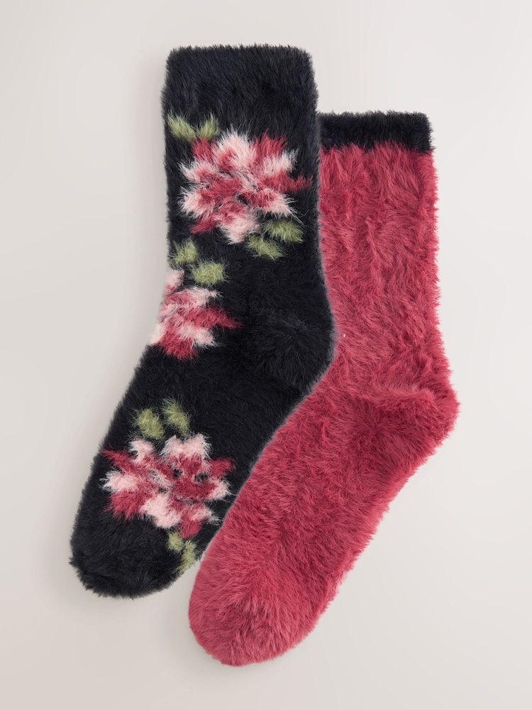 Black/Pink Floral Superhairy Cosy Socks 2 Pack - Image 1 of 5