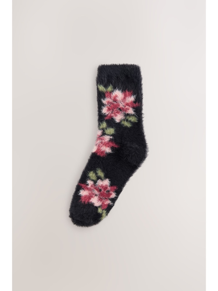 Black/Pink Floral Superhairy Cosy Socks 2 Pack - Image 1 of 10