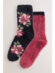 Black/Pink Floral Superhairy Cosy Socks 2 Pack - Image 2 of 10