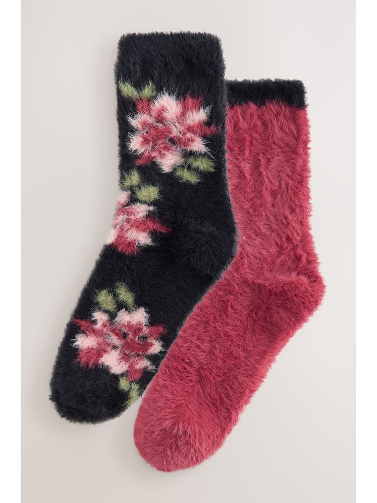 Black/Pink Floral Superhairy Cosy Socks 2 Pack - Image 2 of 10