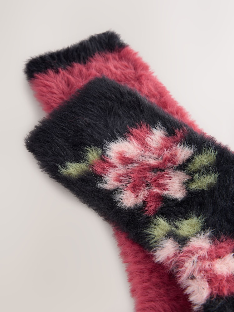 Black/Pink Floral Superhairy Cosy Socks 2 Pack - Image 5 of 5