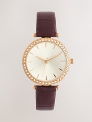 Chocolate Brown Croc Effect Strap Sparkle Dial Watch - Image 1 of 3