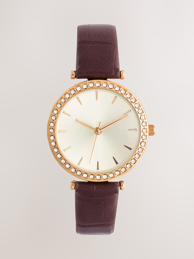 Chocolate Brown Croc Effect Strap Sparkle Dial Watch - Image 1 of 3