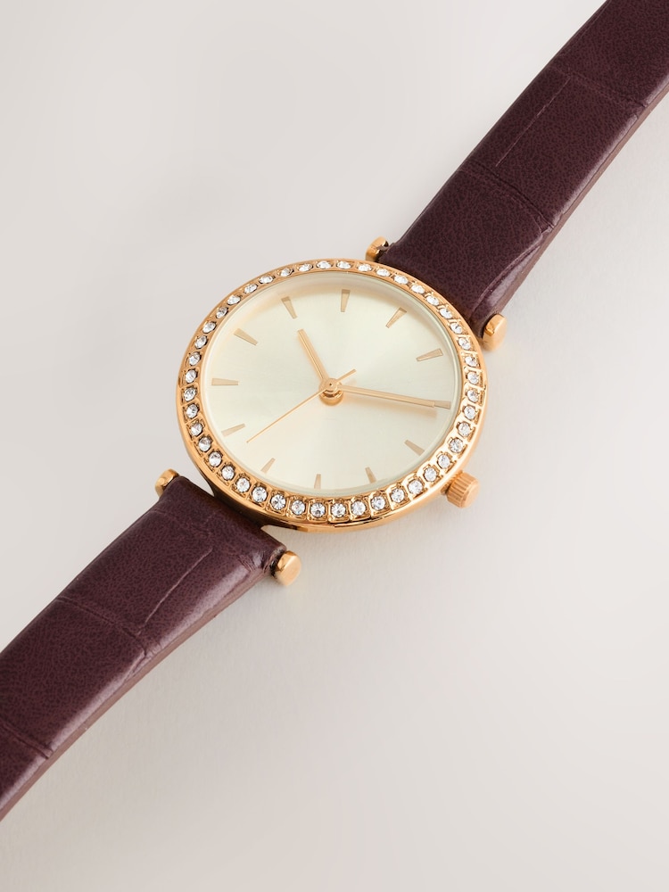 Chocolate Brown Croc Effect Strap Sparkle Dial Watch - Image 3 of 3