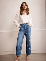 Mint Velvet Blue 100% Cotton Embroidered Floral Relaxed Jeans - Image 1 of 8