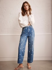 Mint Velvet Blue 100% Cotton Embroidered Floral Relaxed Jeans - Image 2 of 8