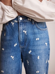 Mint Velvet Blue 100% Cotton Embroidered Floral Relaxed Jeans - Image 3 of 8